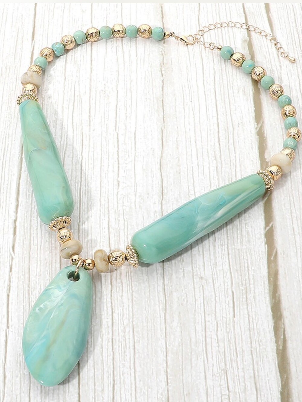 Turquoise Teardrop Resin Stone Beaded Pendant Necklace Bold Chunky Jewelry Gold